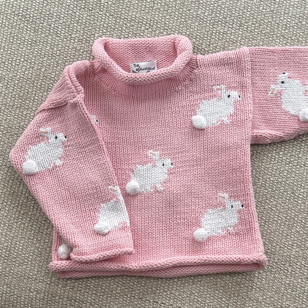 Toddler Knitted Cotton Pink Sweater w/ White Bunny Detail - perfect for Easter!